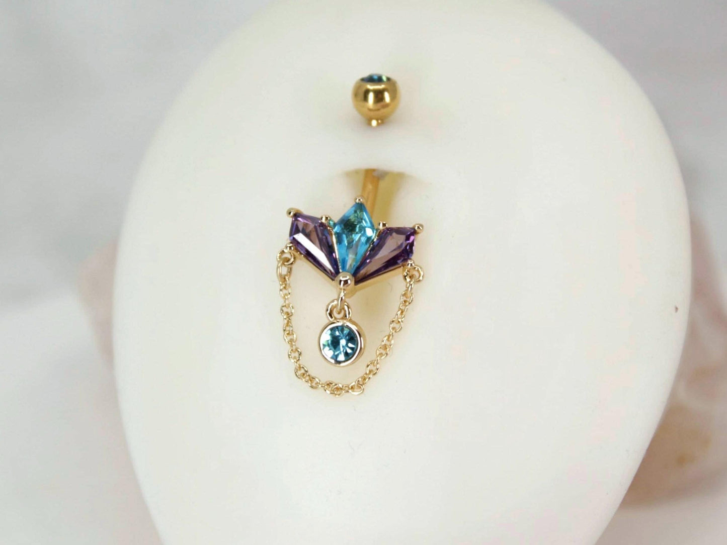 14g Dangling Gold Chain Belly Ring, Multicolor Marquise Gem Decor Charm Belly Button Piercing Jewelry, Gold Dangling Navel Piercing Jewelry