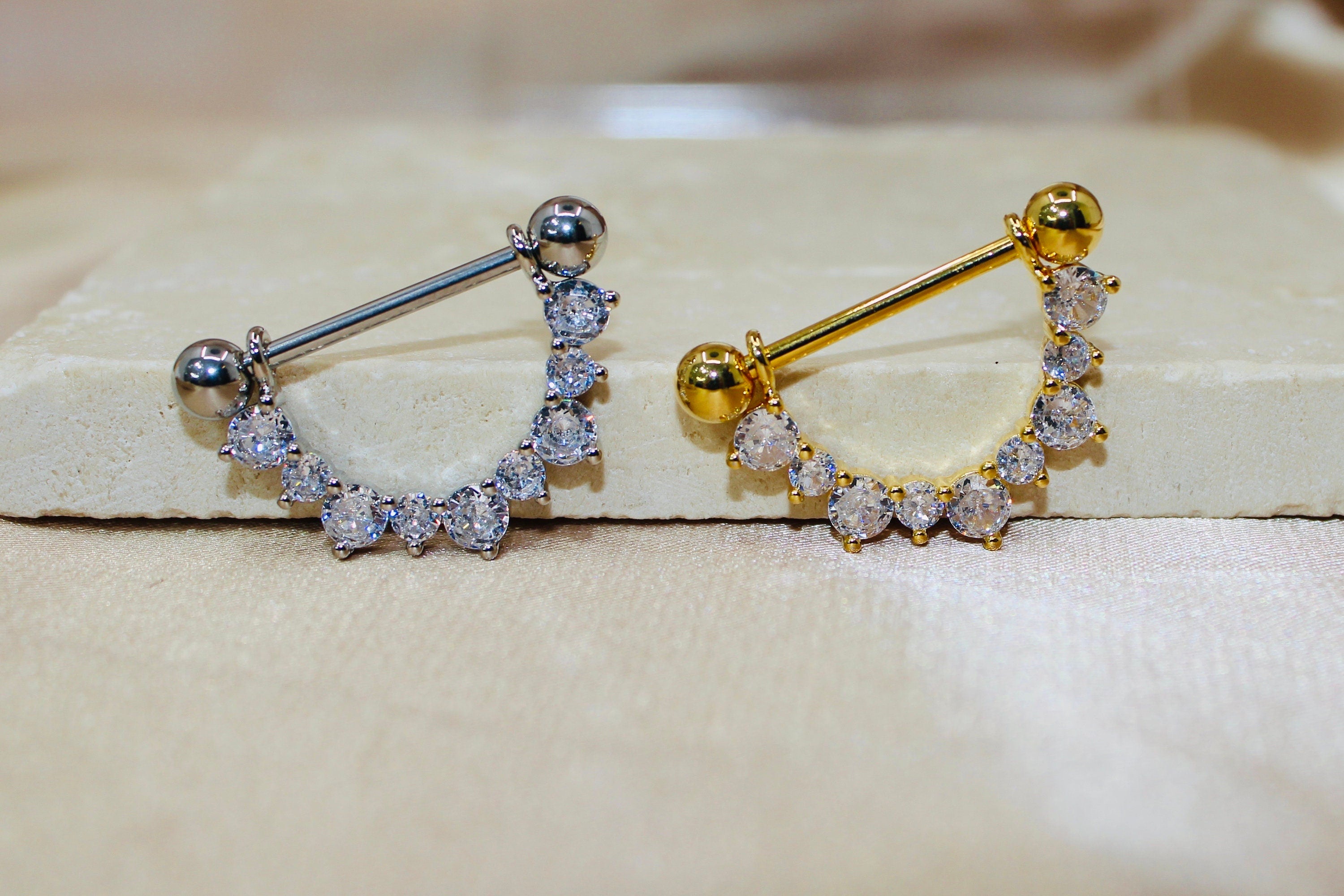 14g Dangle Gem Nipple Ring, Elegant Gem Drop Decor Gold Silver Nipple Piercing Barbell Jewelry