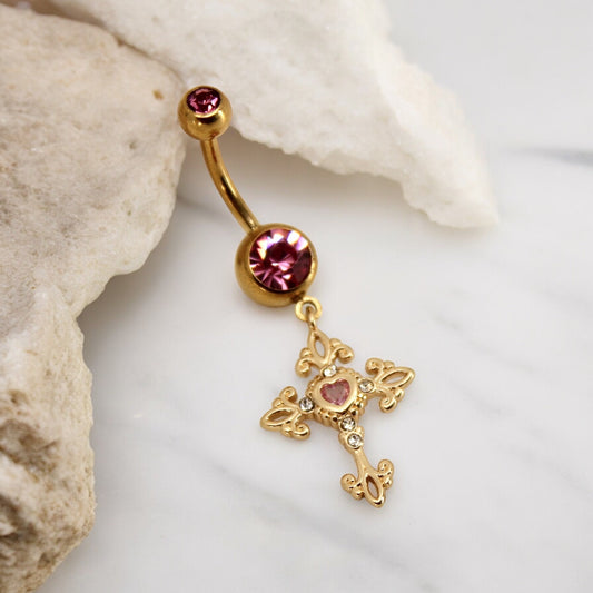 Cross Dangle Belly Ring, Hot Pink Gem Gold Dangling Cross Belly Button Ring Piercing Jewelry, Navel Ring Body Jewelry