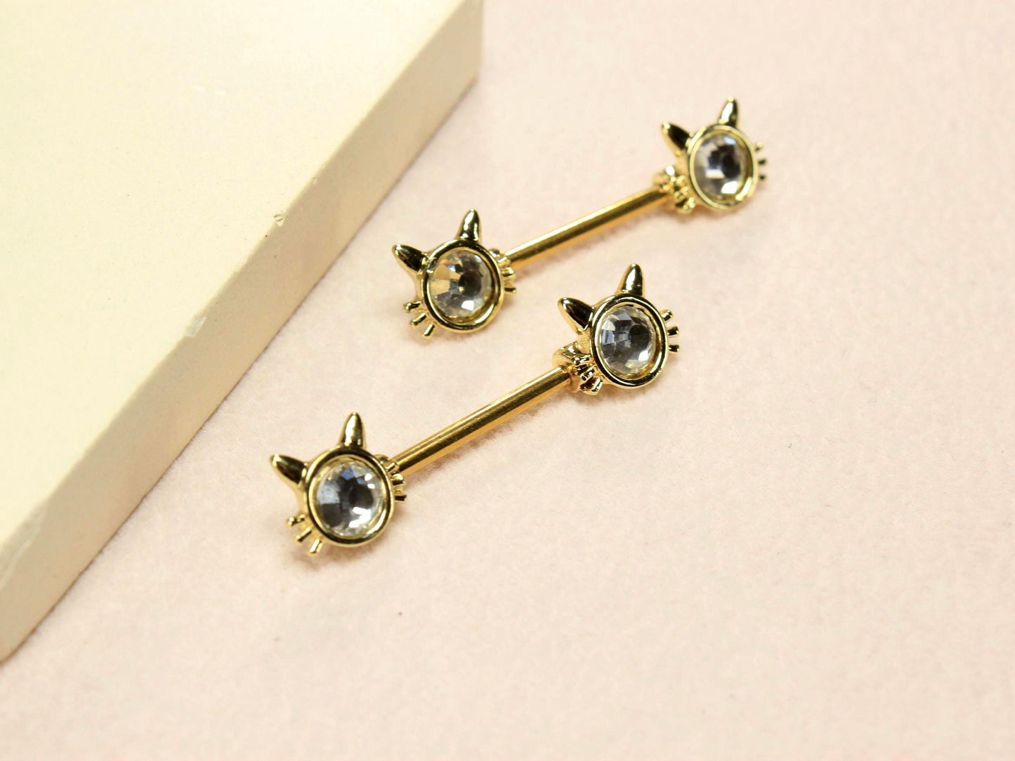 Gold Cat Nipple Barbell, 14G Kitty Face Nipple Piercing Ring, Pair of 2 Kitten Nipple Jewelry, Cat Jewelry, Body Piercing Jewelry