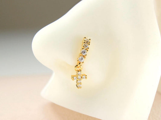Gold Cross Nose Hoop Ring, 20g Dangling CZ Cross Bendable Nose Ring Piercing,