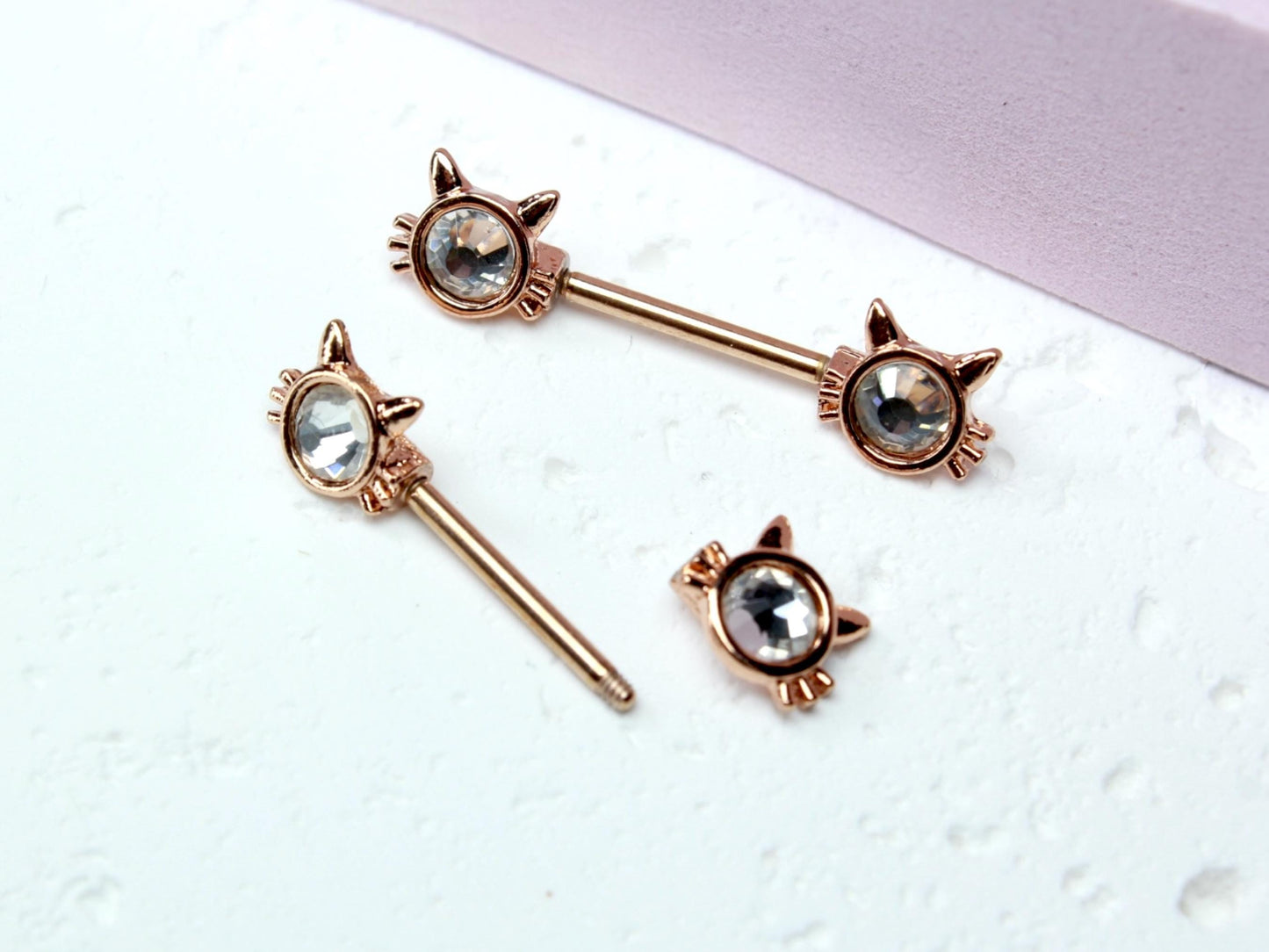 Rose Gold Cat Nipple Barbell, 14G Cute Sparkling Kitty Face Nipple Piercing Jewelry, Set of 2 Nipple Body Jewelry