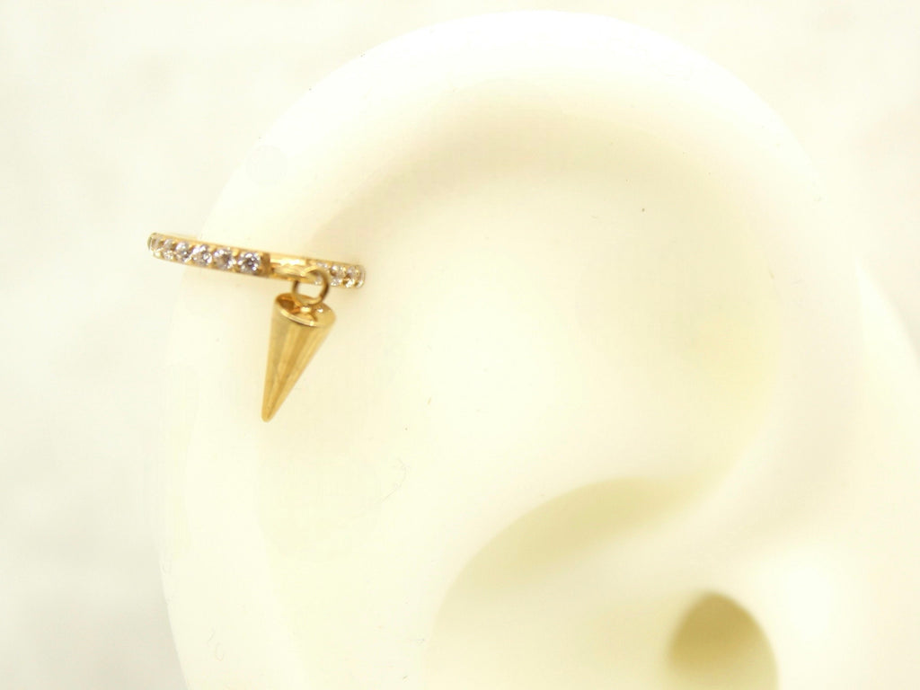 Gold Spike Dangle Hoop Ring, CZ Conch Hoop Clicker Ring, Conch Piercing Hoop Ring, Titanium Septum Daith Cartilage Piercing Earring