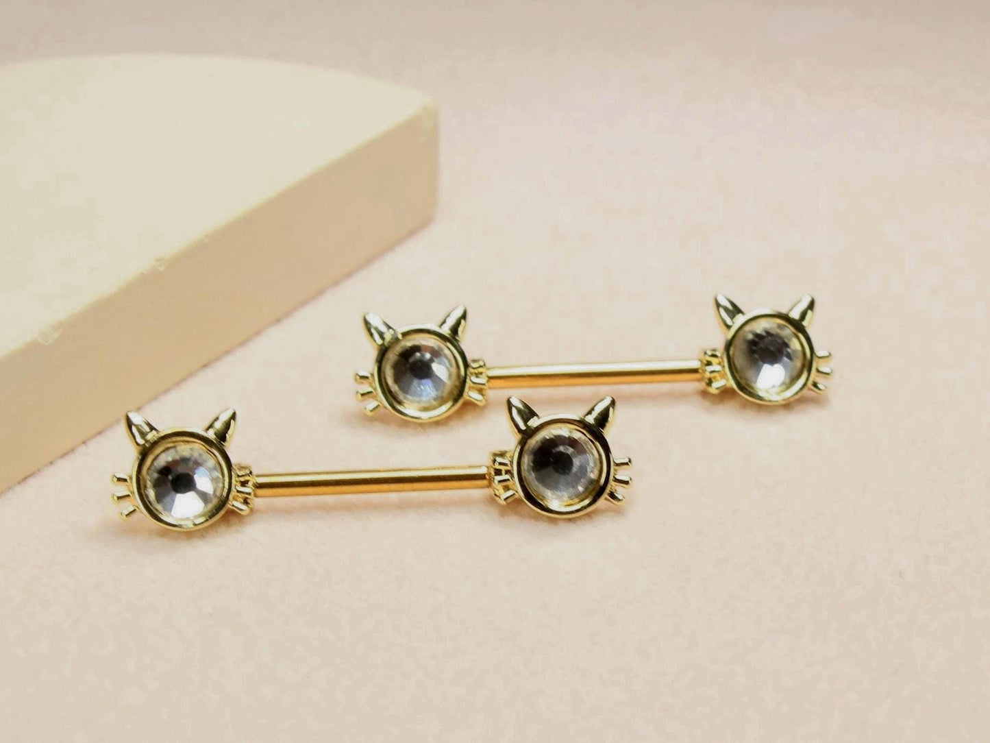 Gold Cat Nipple Barbell, 14G Kitty Face Nipple Piercing Ring, Pair of 2 Kitten Nipple Jewelry, Cat Jewelry, Body Piercing Jewelry