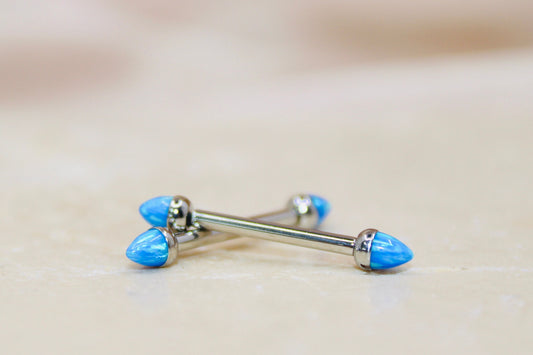 Internally Threaded Opal Nipple Barbell, Blue Opal Smooth Comfortable Fit Nipple Piercing Ring Jewelry, 14g Nipple Barbell Body Jewelry
