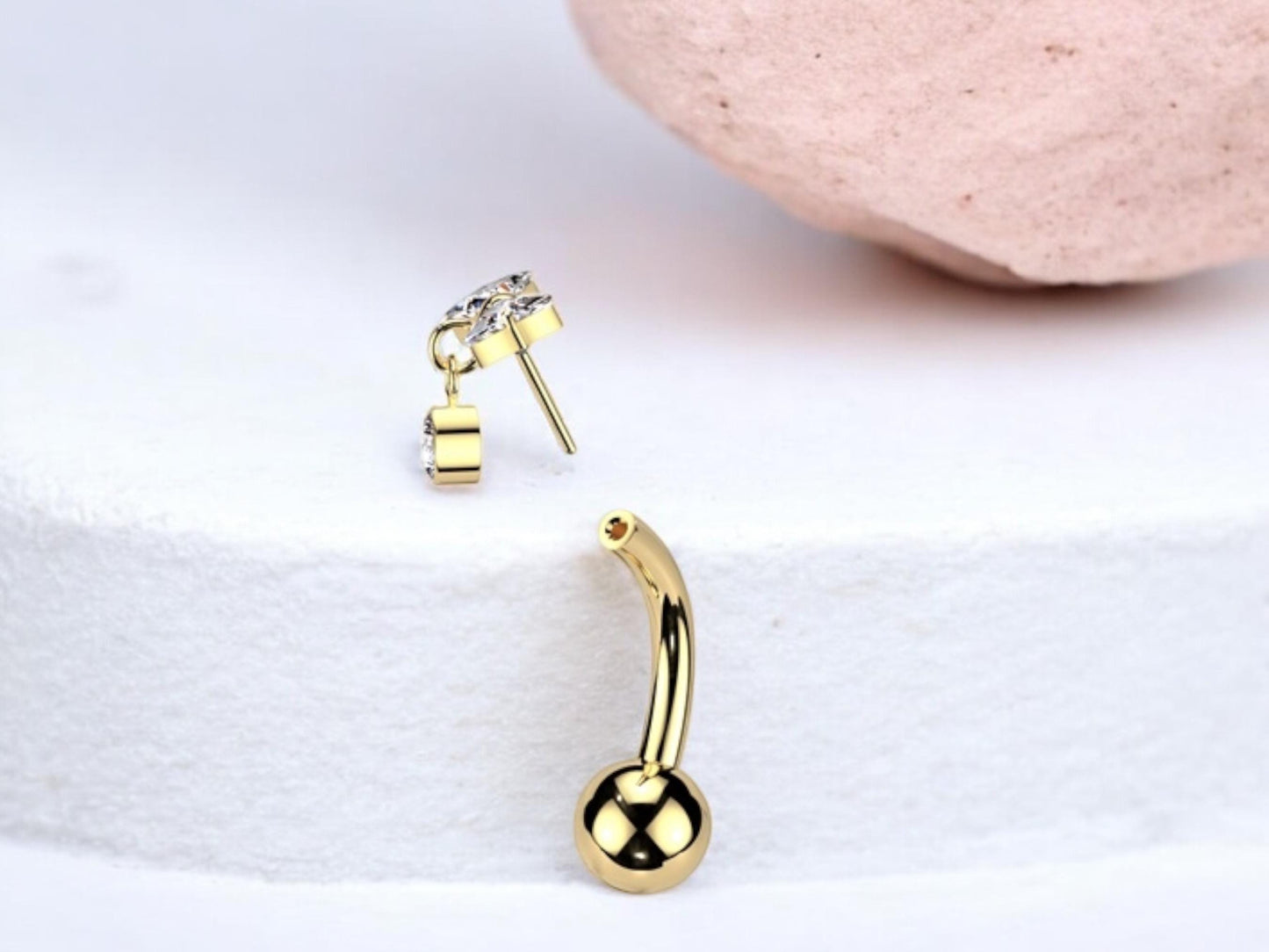 NEW Titanium Bow Dangling Stone Belly Button Ring, 14g Dainty Gold Crystal Push In Belly Piercing Jewelry, Threadless Navel Piercing