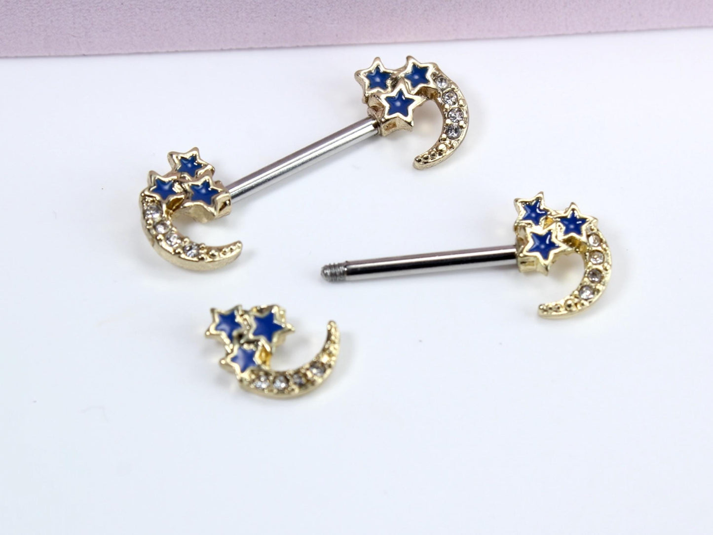 Crescent Moon Nipple Ring, Dainty Star Moon Nipple Piercing Barbell, 14g Nipple Ring, Set of 2 Customized Body Piercing Jewelry