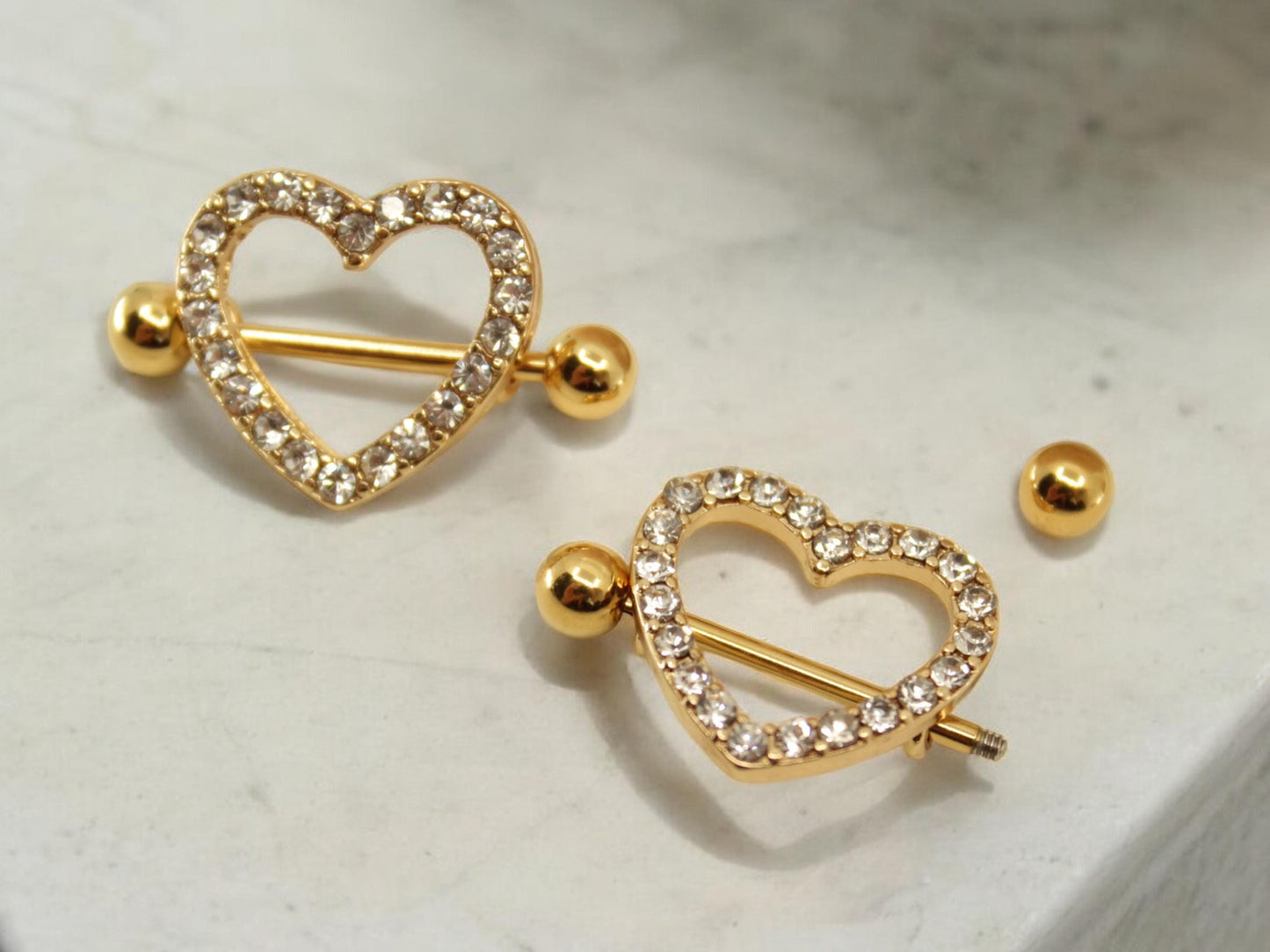 Gold Heart Nipple Barbell, Sparkling Gems Gold Heart Nipple Shield Piercing Jewelry, Nipple Ring Body Piercing Jewelry.