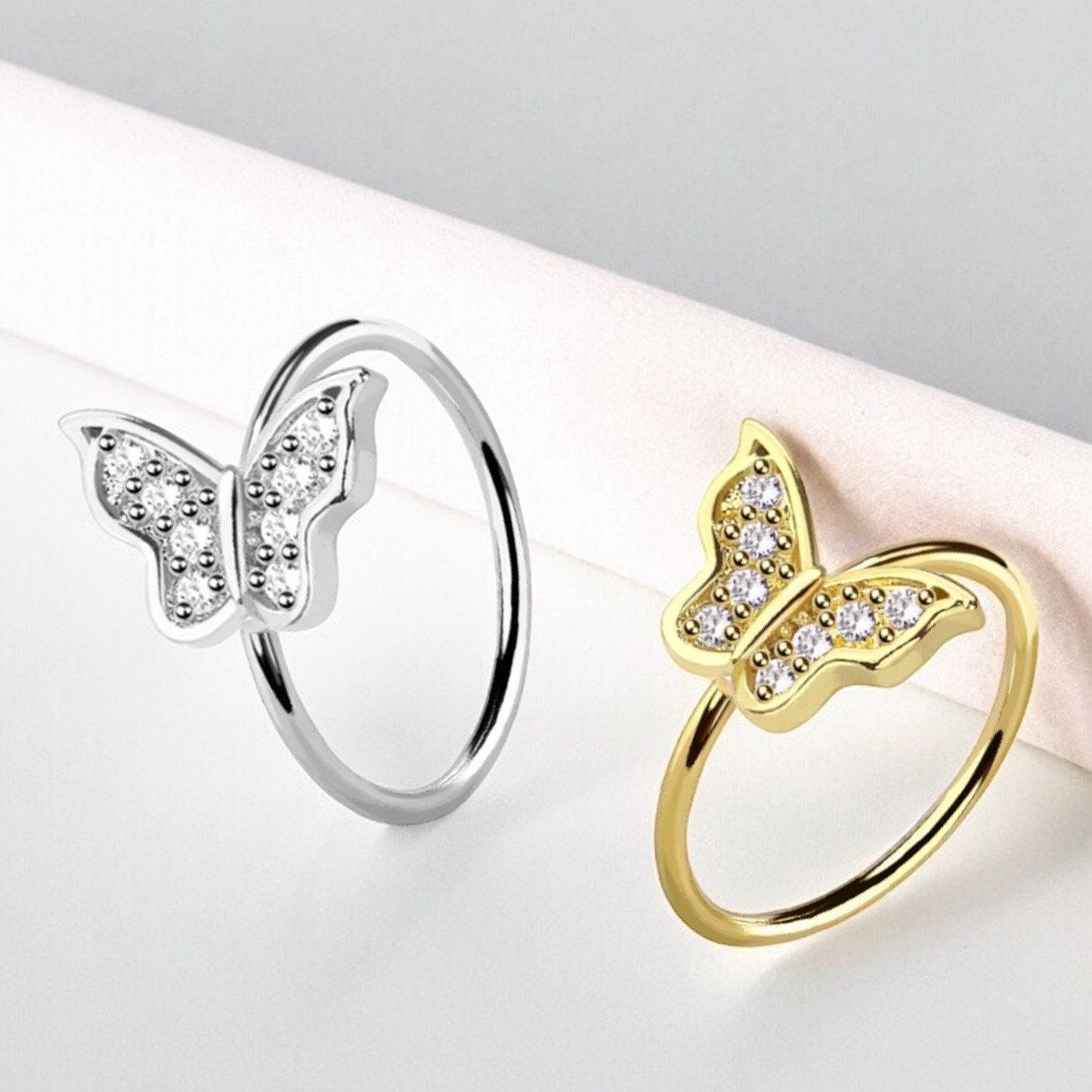 20G Dainty Butterfly Nose Ring Hoop – CZ Butterfly Bendable Nose Hoop, Surgical Steel Nose Piercing Jewelry