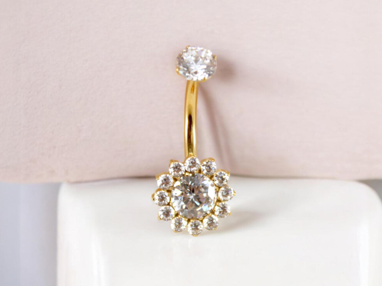 NEW 14G Titanium Gold Floral Belly Button Ring, Sparkle Gem Floral Decor Non Dangle Belly Button Ring Piercing Jewelry, Navel Piercing Ring