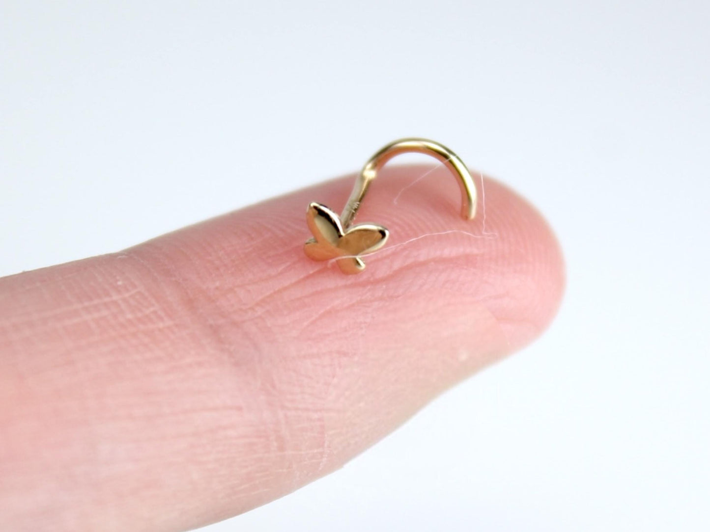 14K Solid Gold Butterfly Nose Stud, 20g Gold Corkscrew Nose Piercing, Dainty Gold Nose Jewelry, Minimalist Nose Piercing Ring Jewelry