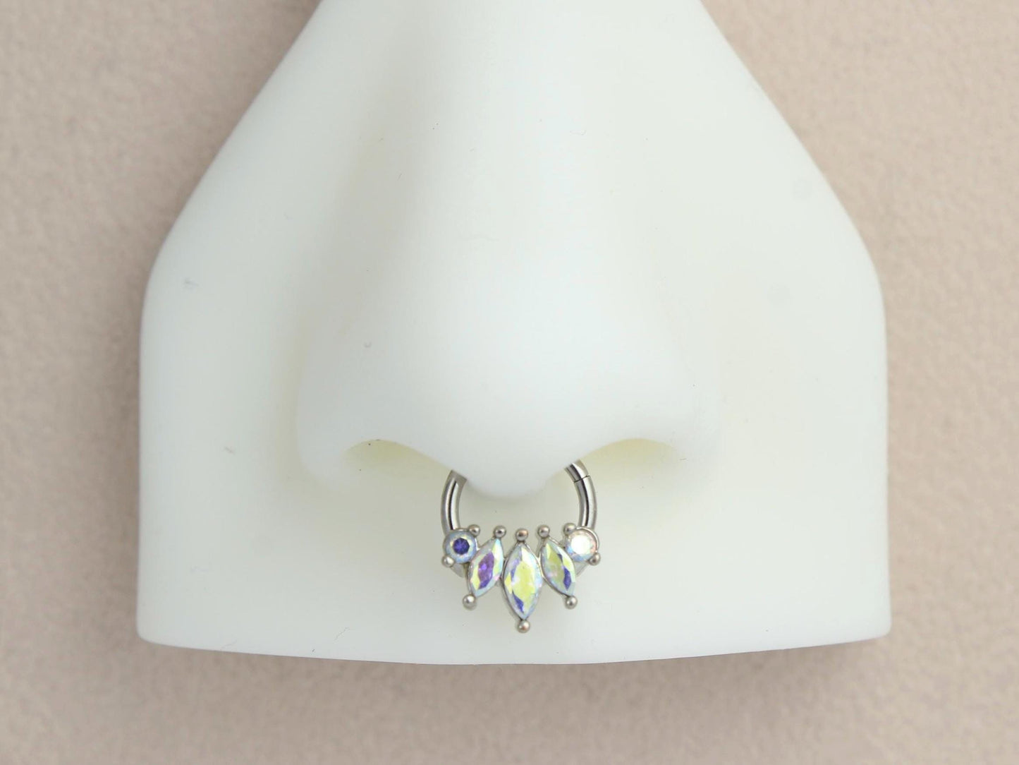 16G Septum Clicker Ring, Dainty Marquise Septum Hinged Hoop Ring, Silver Nose Piercing, Septum Piercing Jewelry