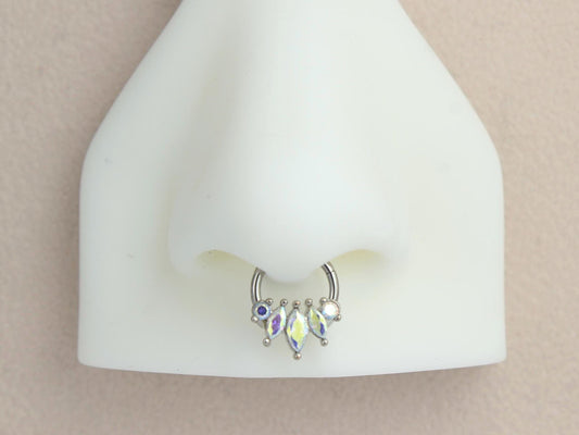 16G Septum Clicker Ring, Dainty Marquise Septum Hinged Hoop Ring, Silver Nose Piercing, Septum Piercing Jewelry