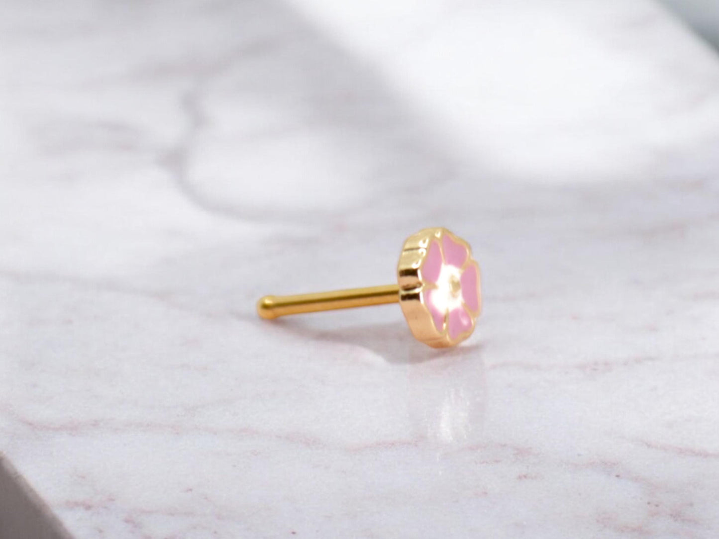 Floral Nose Stud, Dainty Pink Flower Decor Top Nose Piercing Stud, Nose Bone Stud, 20g Thin Nose Ring, Ball End Nose Piercing Jewelry.