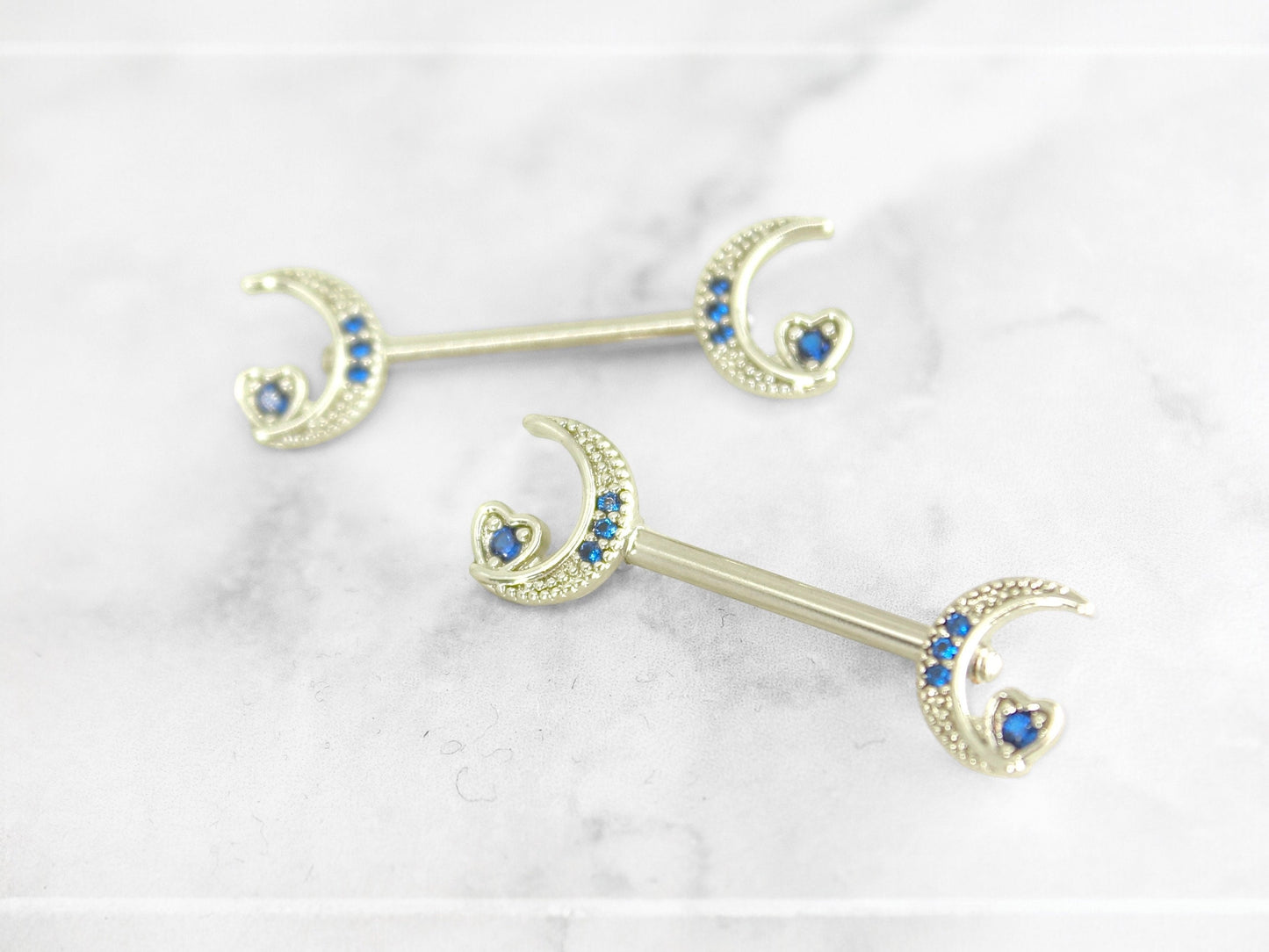 Crescent Moon Nipple Ring, Blue Sapphire Gem Crescent Moon & Heart Nipple Piercing Jewelry Barbell, 14g Nipple Ring Body Jewelry