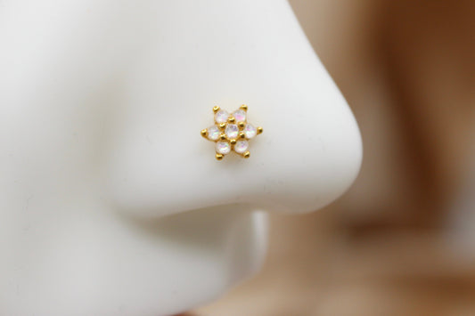 Opal Nose Stud, Flower Decor Sparkle Opal Gem Dainty Nose Stud Ring, Nose Bone Stud, 20g Nose Piercing Jewelry