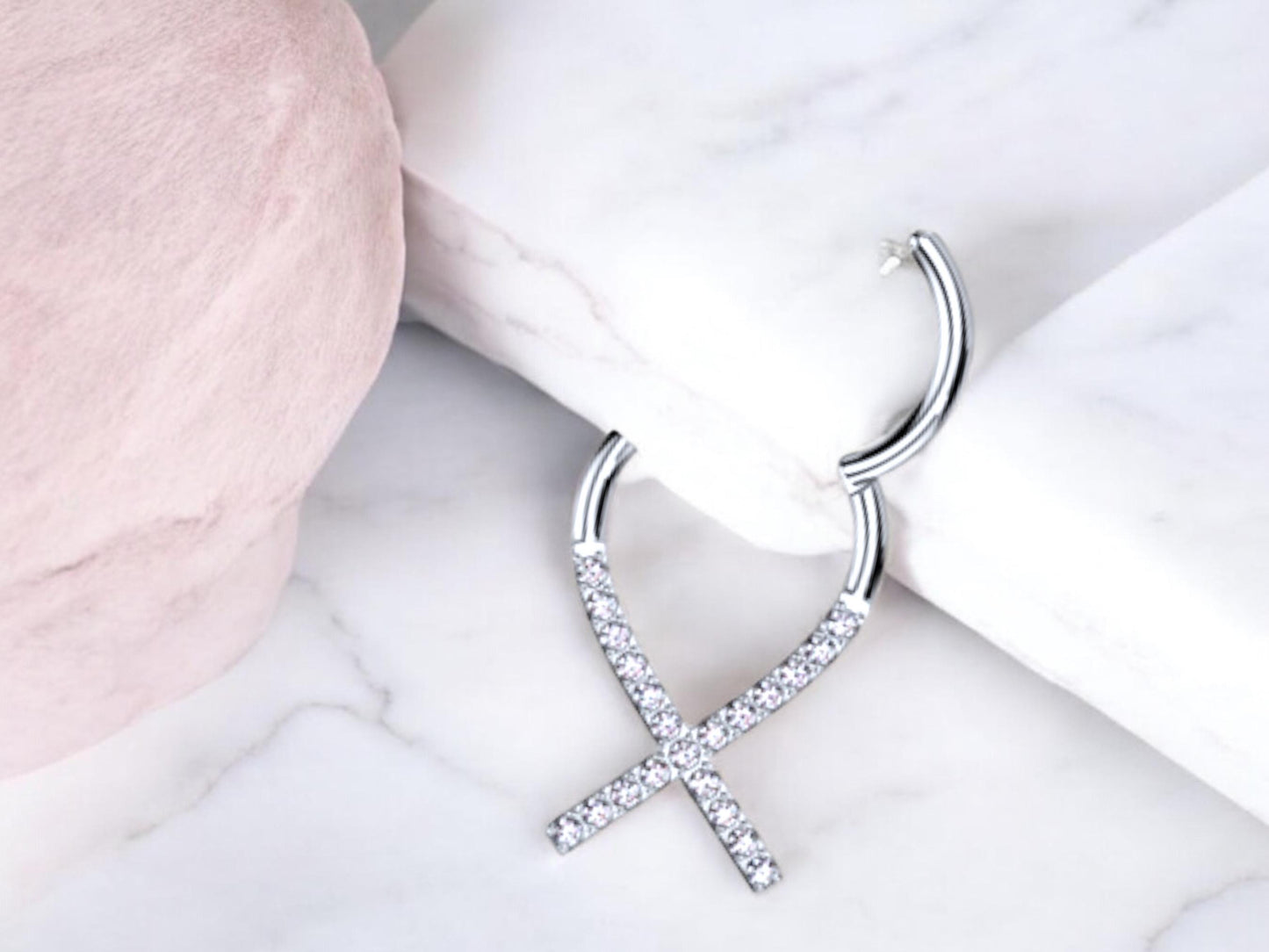 Titanium Septum Clicker Ring, 16g Silver Clear Gems Septum Hinged Hoop Ring, Nose Piercing Jewelry, Dainty Septum Ring