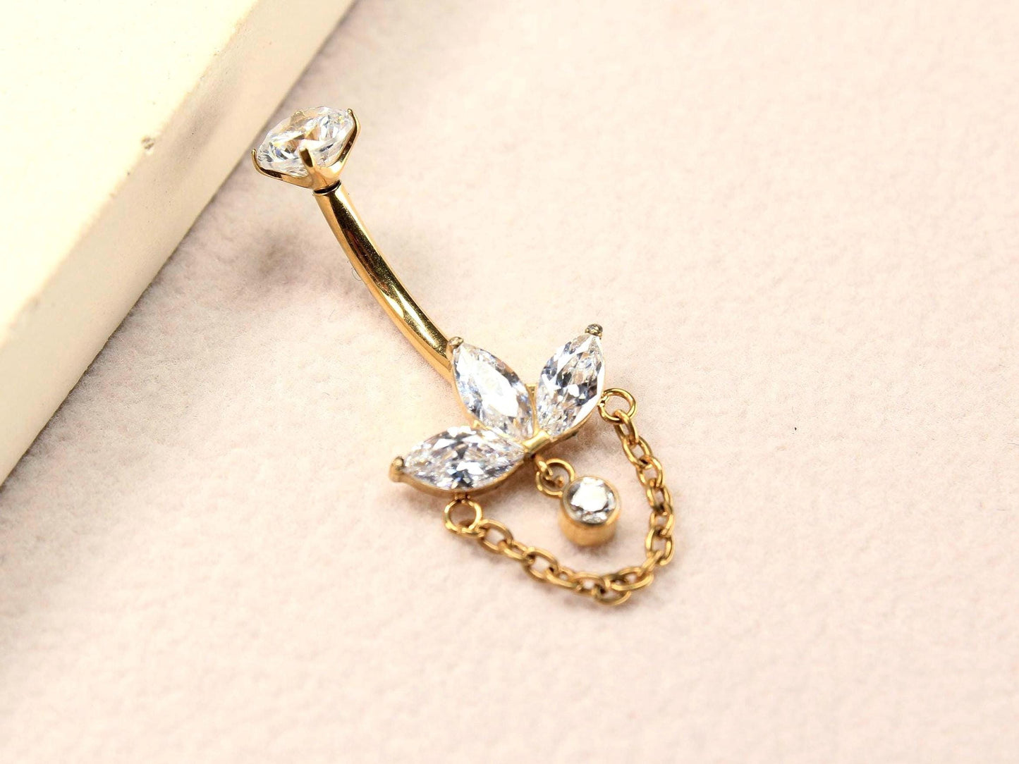 14g Titanium Belly Button Ring, Gold Dangling Chain Belly Ring, Petal Marquise Gem Charm Belly Piercing Jewelry, Gold Navel Body Jewelry