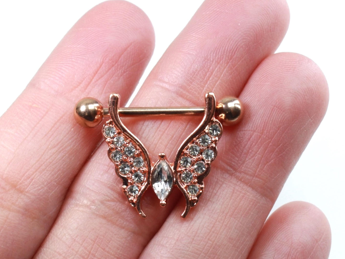 Rose Gold Nipple Ring, 14G Dangling Butterfly Decor Nipple Piercing, Body Piercing Jewelry
