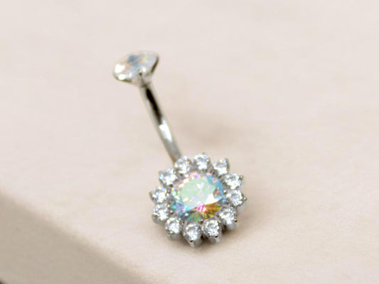 Silver Floral Titanium Belly Button Ring