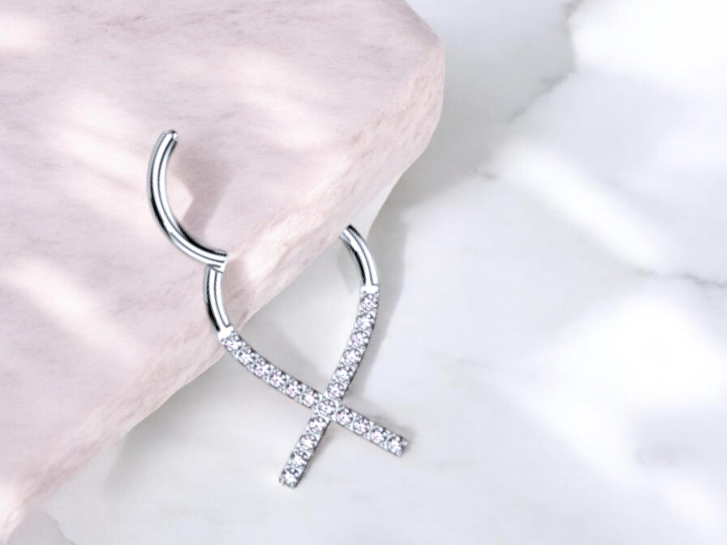 Titanium Septum Clicker Ring, 16g Silver Clear Gems Septum Hinged Hoop Ring, Nose Piercing Jewelry, Dainty Septum Ring