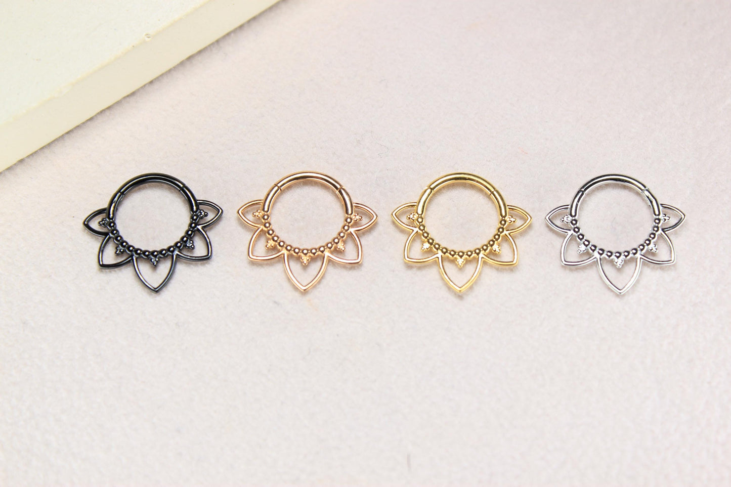 16g Titanium Lotus Septum Clicker Ring, 8mm 10mm Beaded Decor Floral Septum Nose Piercing, Gold Septum Hoop Ring Body Jewelry