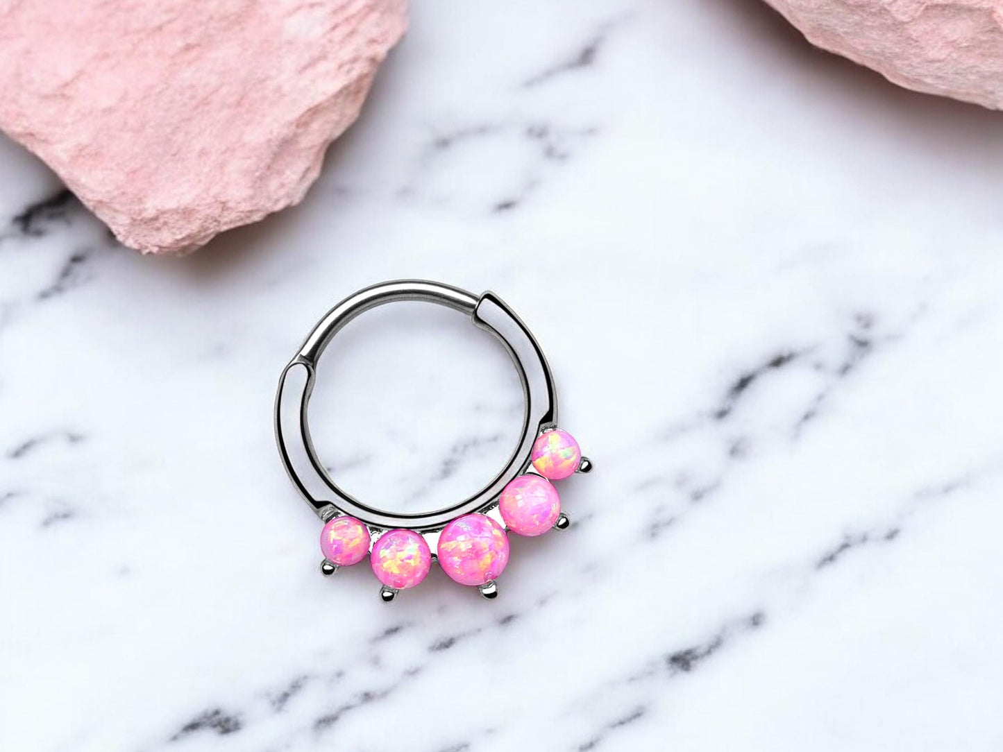 16g Pink Opal Front Dainty Septum Hoop Ring, Silver Nose Piercing Ring, Hinged Septum Clicker Nose Jewelry, Nose Piercing Jewelry