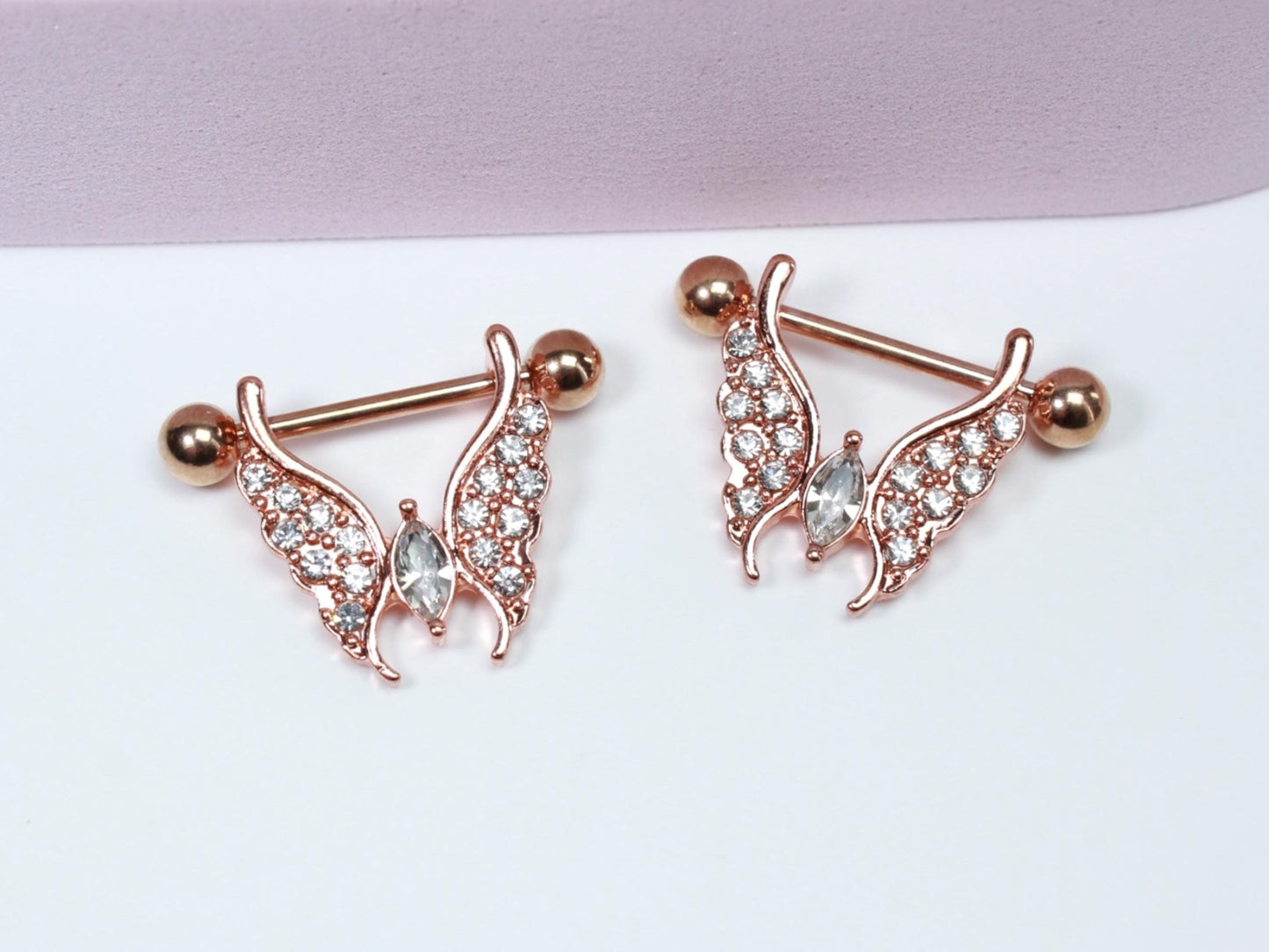 Rose Gold Nipple Ring, 14G Dangling Butterfly Decor Nipple Piercing, Body Piercing Jewelry