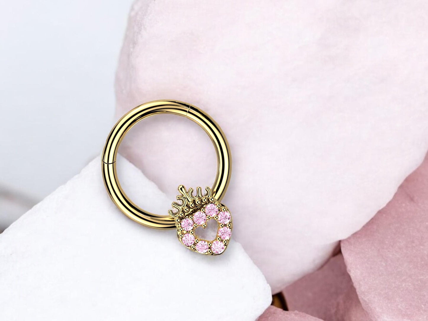 16g Gold Heart Septum Clicker Ring Hoop. Dainty Pink Sparkling Gems Crown Heart Front Facing Septum Piercing Ring Jewelry, Nose Jewelry