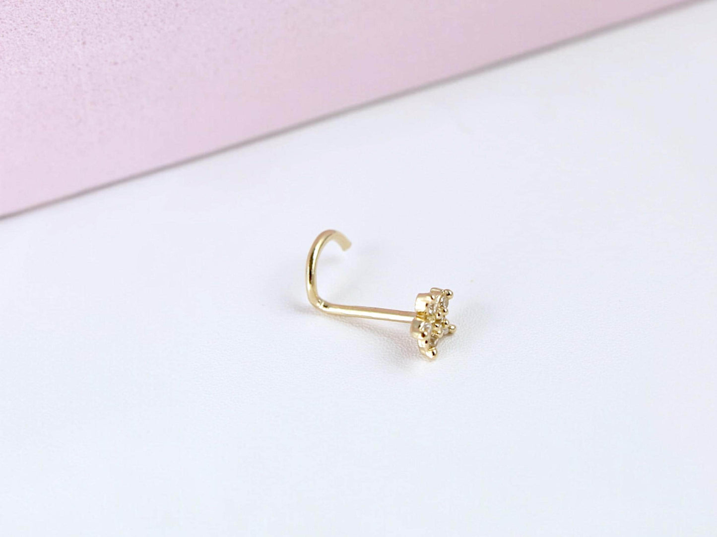 14k Gold Nose Ring, Solid Gold L Shape Corkscrew Nose Stud Jewelry, 20g Dainty Gold Flower Nose Ring, Nose Piercing Jewelry, Gold Nose Ring