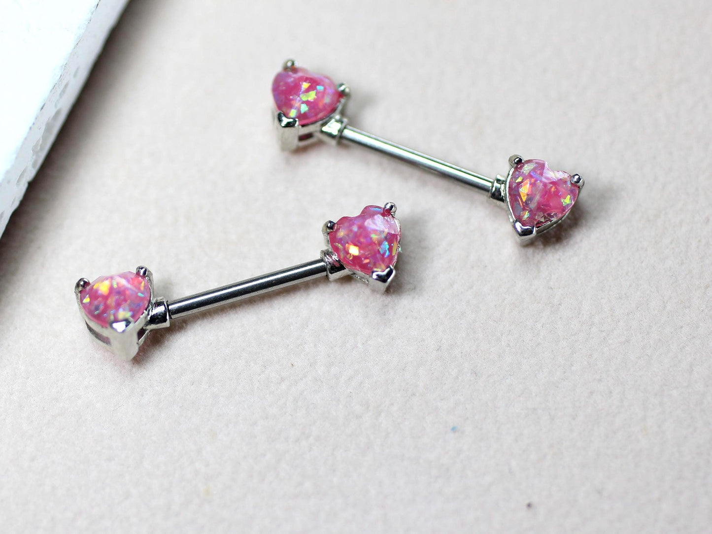 14g Opal Heart Nipple Ring, Pair of Internally Threaded Pink Glitter Nipple Piercing Jewelry, Surgical Steel Body Jewelry.