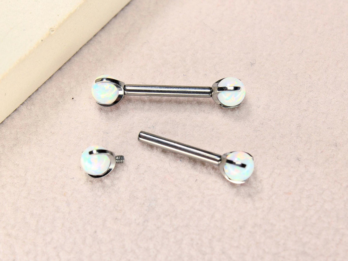 14g Implant Grade Titanium White Opal Nipple Barbell Ring.