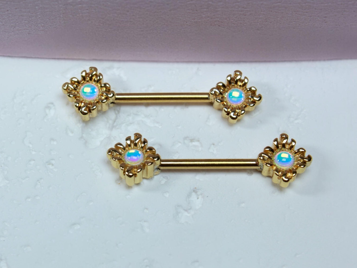 Gold Opal Nipple Barbell, 14G Sun Nipple Ring Piercing Jewelry, Set of 2 Nipple Body Jewelry,