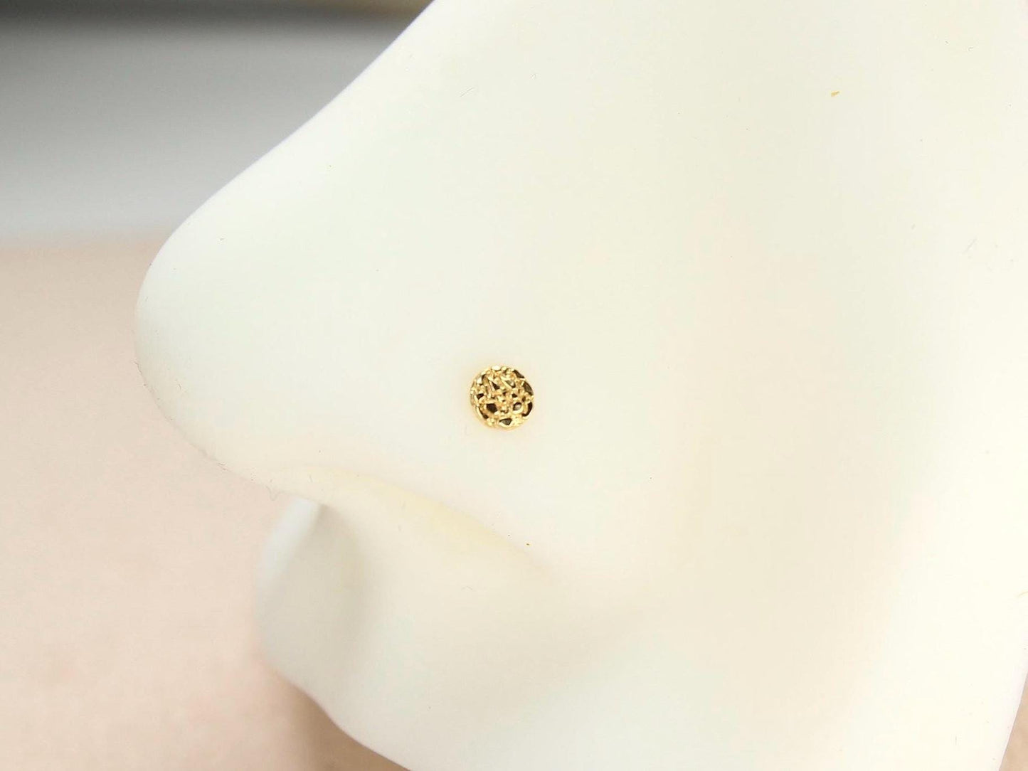 14k Gold Nugget Nose Stud, Dainty Solid Gold Nose Ring, Gold Heart Top Round Nugget Nose Bone Stud, Gold Nose Piercing Body Jewelry,