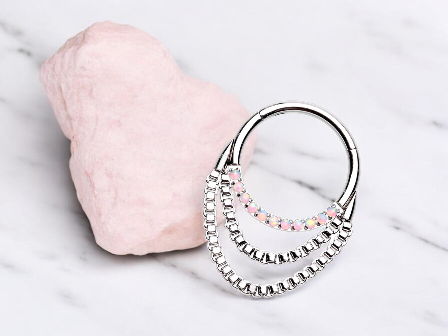 16g Dangling Chain Septum Clicker Ring, Silver Double Chain Sparkling Septum Hoop Ring, Septum nose jewelry, Nose Piercing body Jewelry