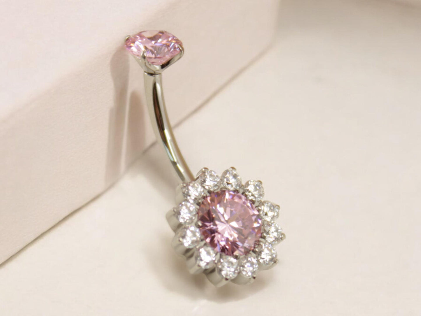 14G Titanium Pink Floral Belly Button Ring – Sparkle Gem Navel Piercing
