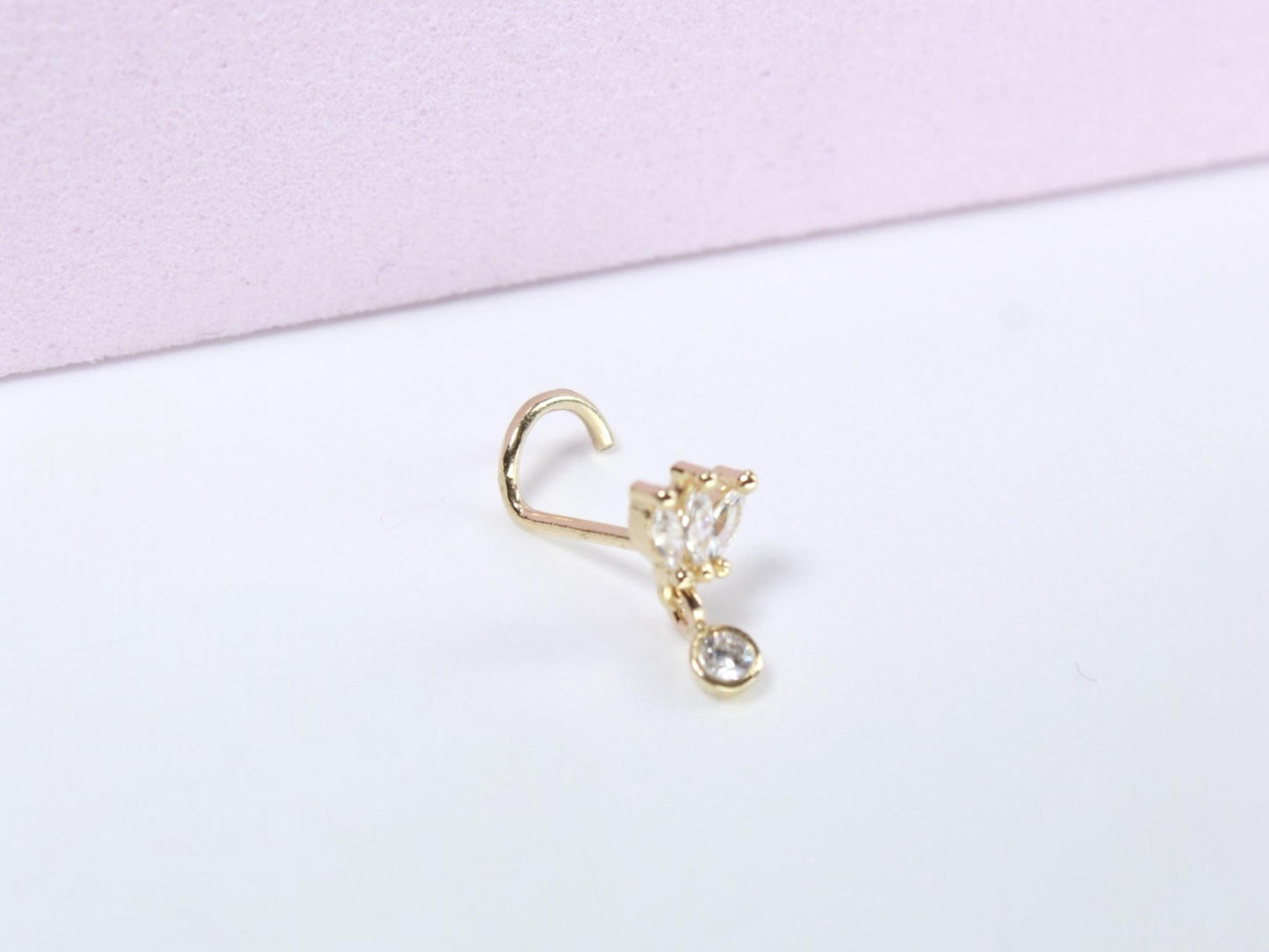14K Gold Petal Nose Stud, 20g Dainty Dangling Star L Shape Corkscrew Nose Stud, Gold Nose Jewelry, L Bend Screw Nose Piercing Ring Jewelry