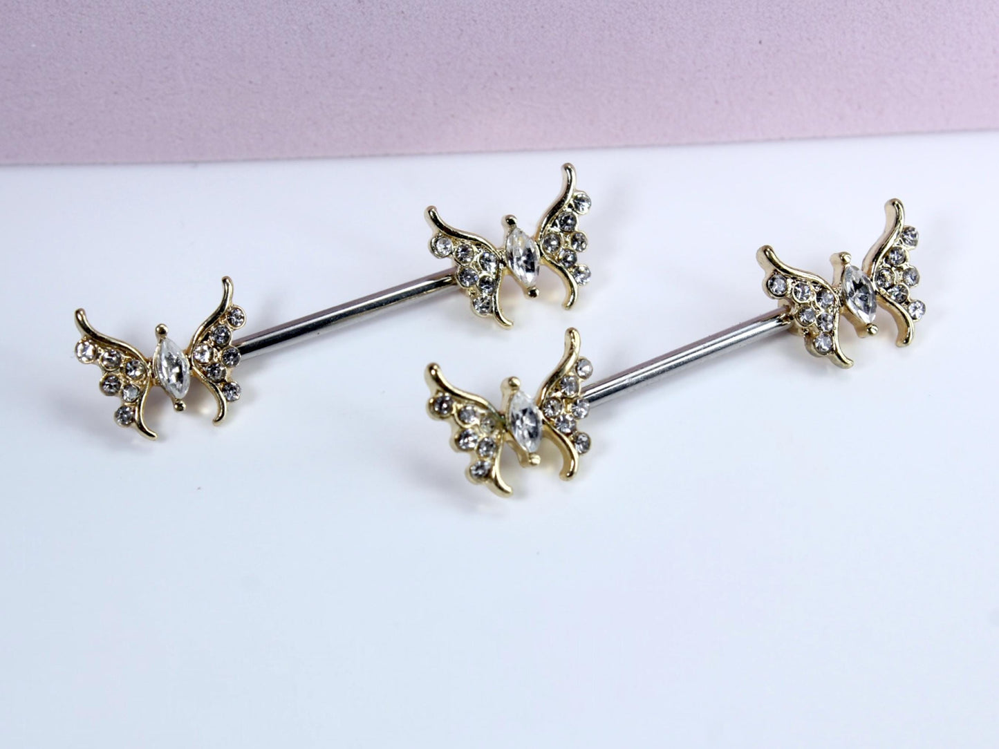14G Gold Butterfly Nipple Barbell Jewelry, Pair of Sparkling Butterfly Nipple Ring Piercing, Nipple Piercing Jewelry, Customized Nipple Ring