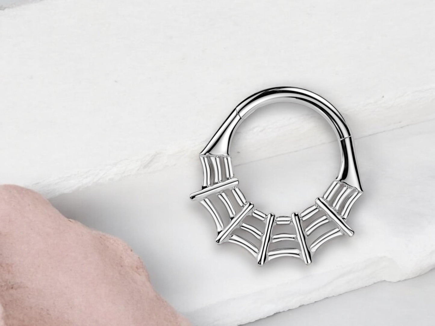16G Spider Web Septum Clicker Ring, Silver Hinged Segment Septum Hoop Ring, Halloween Body Piercing Jewelry,Spider Daith,Cartilage Hoop