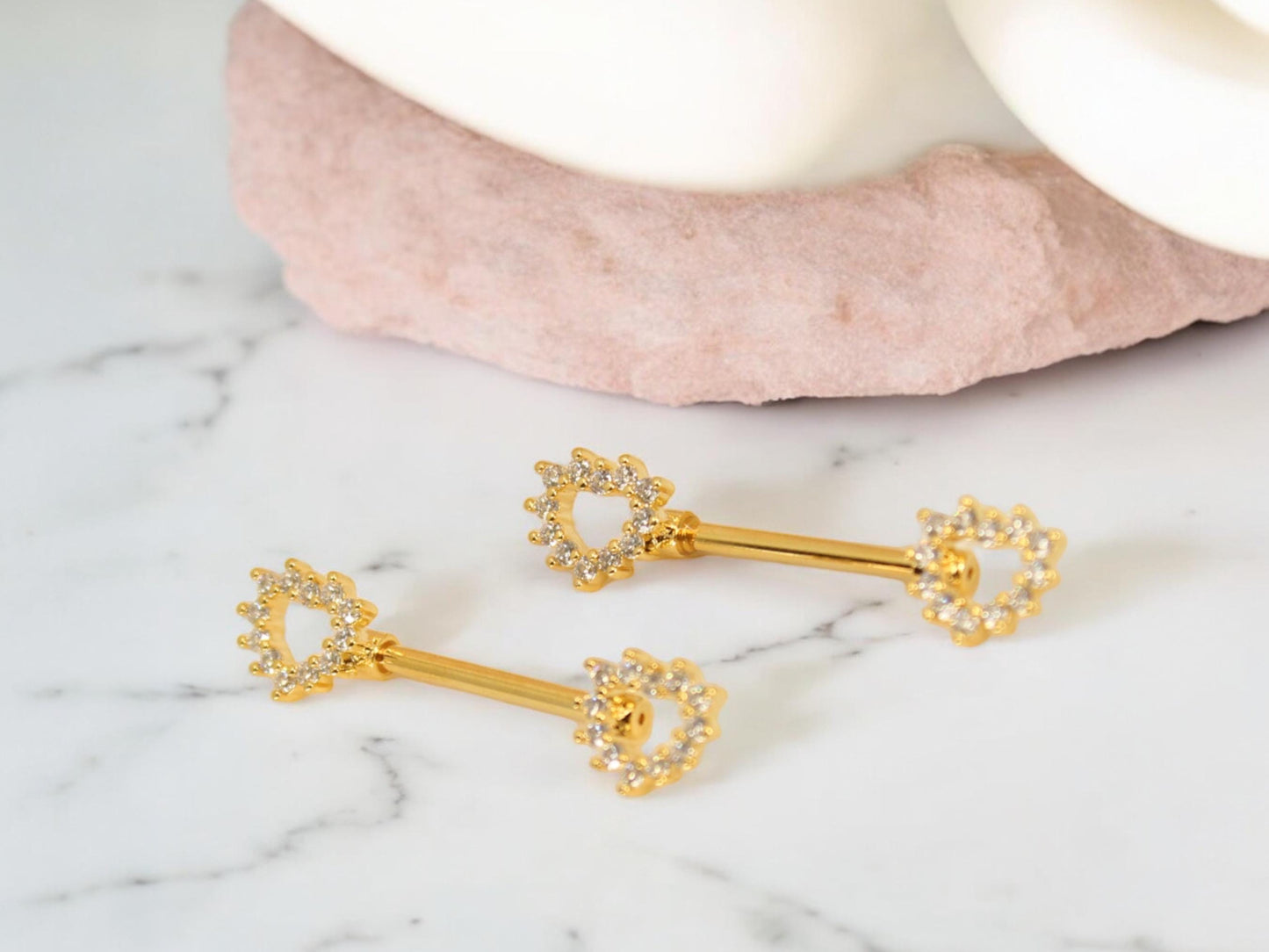 Gold Heart Nipple Ring. Sparkle Gem Hollow Heart Nipple Barbell. Nipple Piercing. 14g Heart Ends Nipple Jewelry. Body Piercing Jewelry
