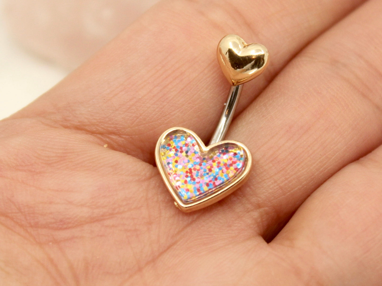 NEW • 14G Glitter Heart Belly Button Ring. Silver/Gold Resin Heart Navel Ring. Cute Belly Jewelry. Navel Piercing.