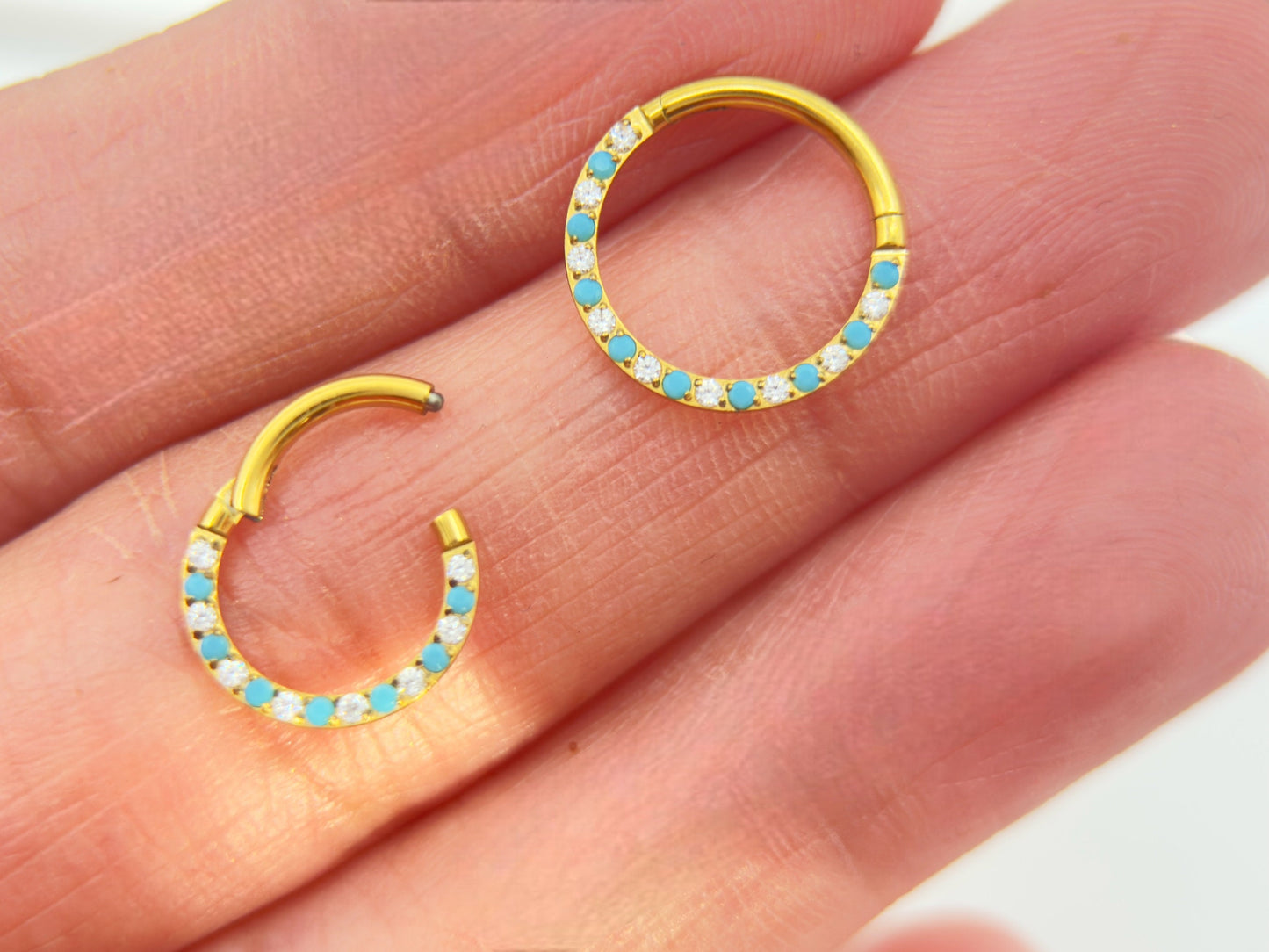 Implant Grade Titanium Gold Blue Gem Septum Clicker, Front Gem Nose Piercing Septum Hoop ring , Turquoise Gem Gold Nose Hoop Ring Jewelry