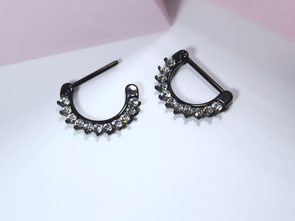 Black Dangle Nipple Ring,  Pair of Black CZ Hinged Clicker Nipple Barbell,  14g Nipple Barbell Piercing Jewelry, Body Jewelry
