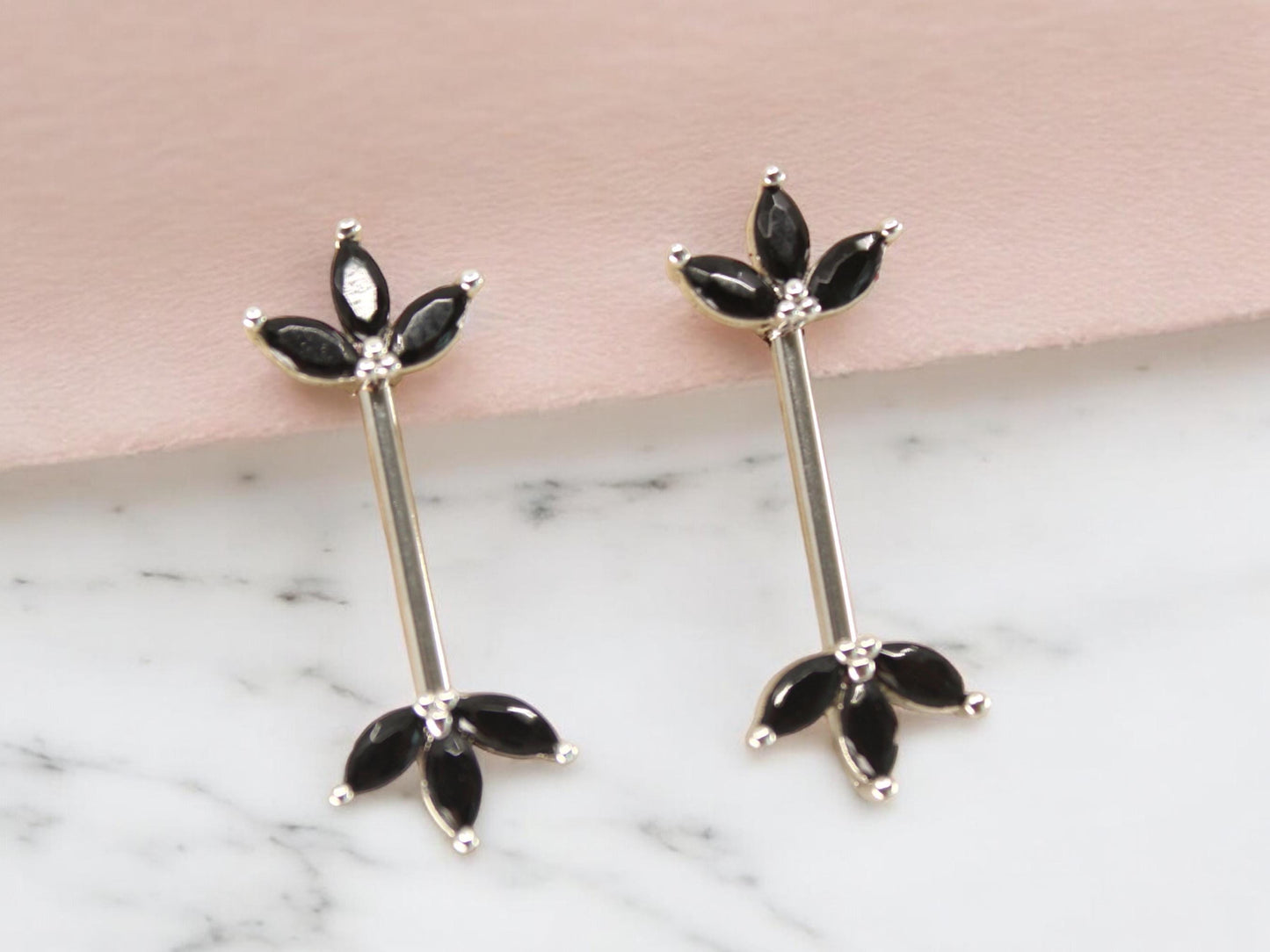 Black Marquise Leaf Nipple Barbell 14G – Floral Petal Black Nipple Rings, Surgical Steel Nipple Piercing Jewelry, Pair (Set of 2)