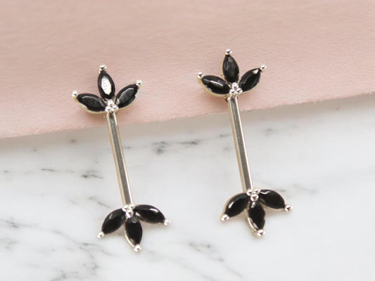 Black Marquise Leaf Nipple Barbell 14G – Floral Petal Black Nipple Rings, Surgical Steel Nipple Piercing Jewelry, Pair (Set of 2)