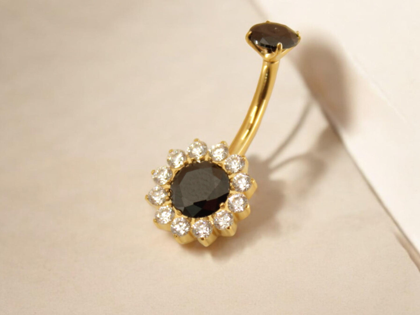 Black Dainty Floral Belly Button Ring, 14g Titanium Black Gold Crystal Gemstone Belly Button Ring Piercing Jewelry, Navel Piercing.