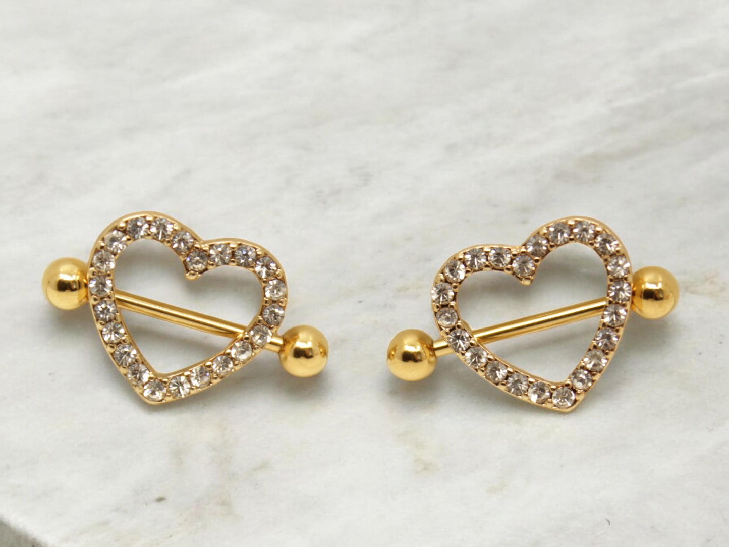 Gold Heart Nipple Barbell, Sparkling Gems Gold Heart Nipple Shield Piercing Jewelry, Nipple Ring Body Piercing Jewelry.