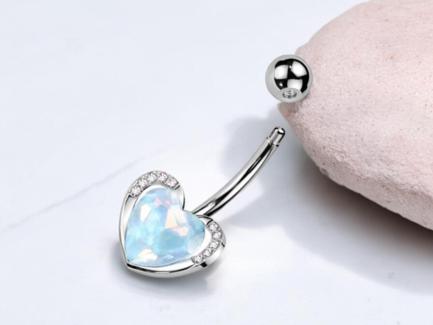 14g Heart Silver Belly Button Ring, Dainty Aqua Gem Heart Belly Ring, Cute Navel Piercing Jewelry
