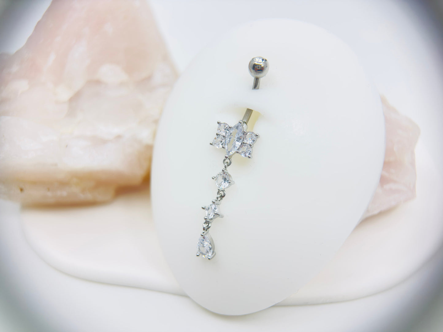 14G Silver CZ Floral Dangling Belly Button Ring