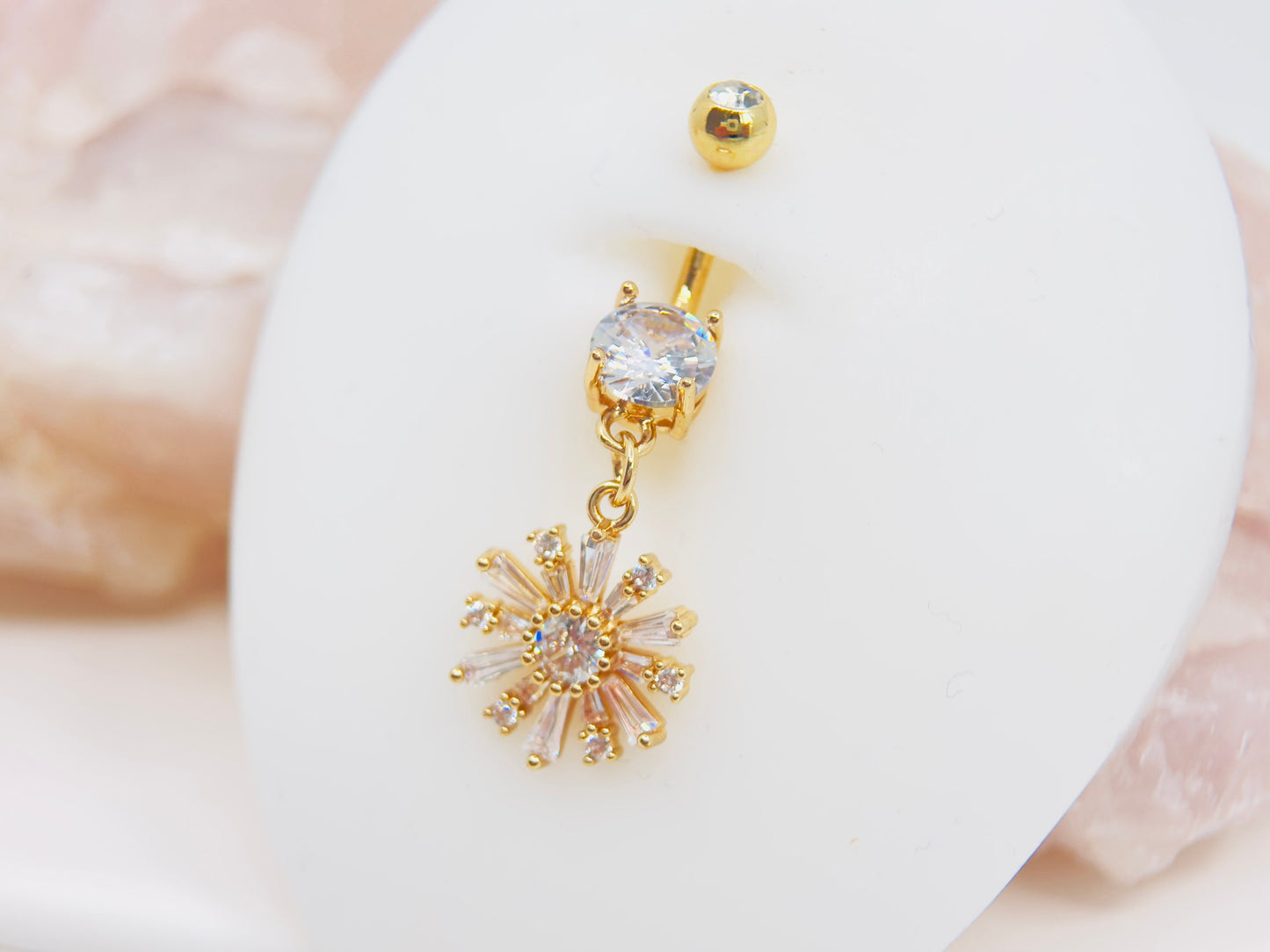 14G Gold Flower Dangling Belly Ring, Baguette Gem Floral Decor Charm Belly Button Ring Piercing Jewelry, Hypoallergenic Navel Piercing,